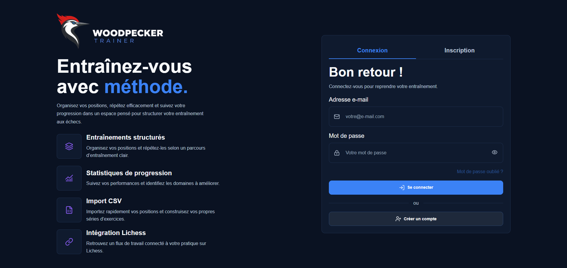 Écran de connexion de Woodpecker Trainer